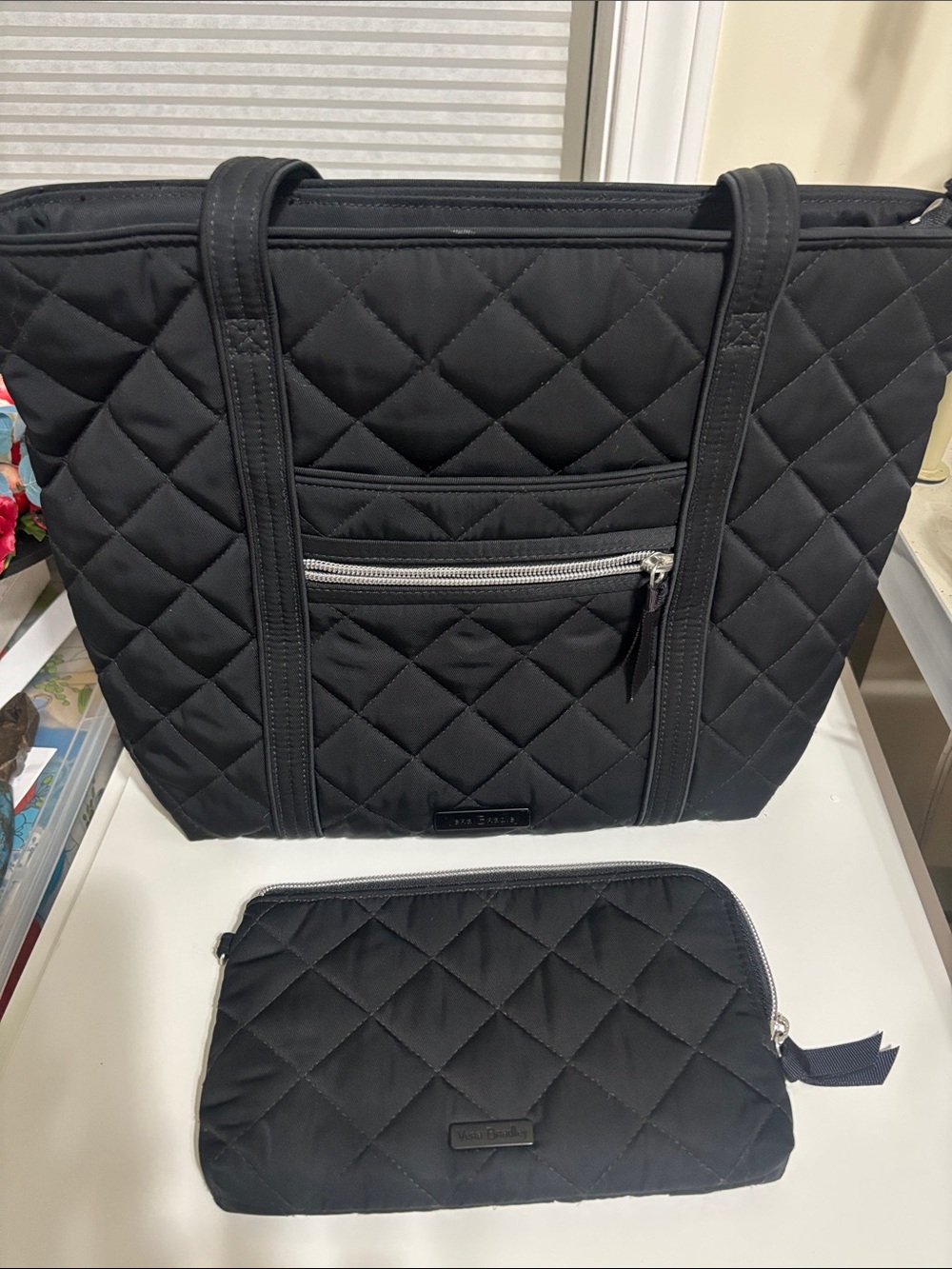 Vera Bradley Black Quilted Double-Handle Tote with matching wallet